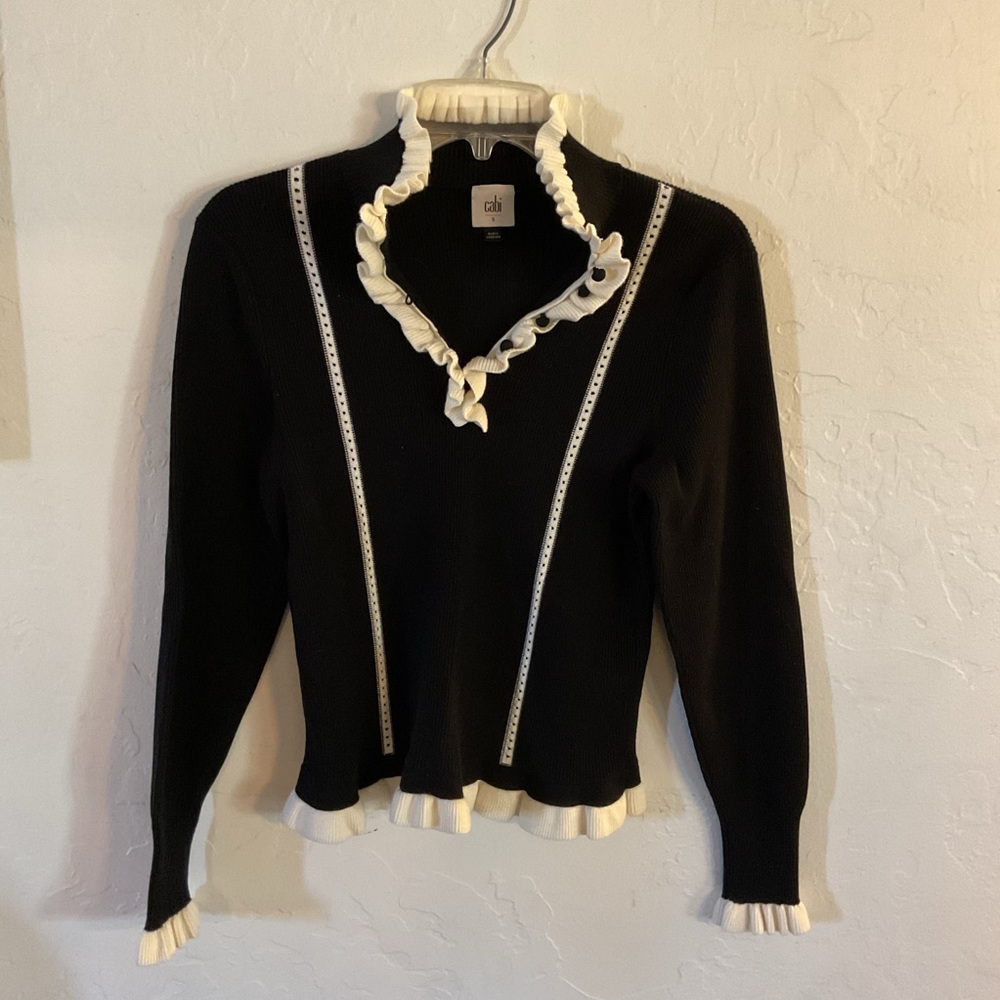 CAbi Black V-Neck Ruffle-Trim Sweater with Cream Accents